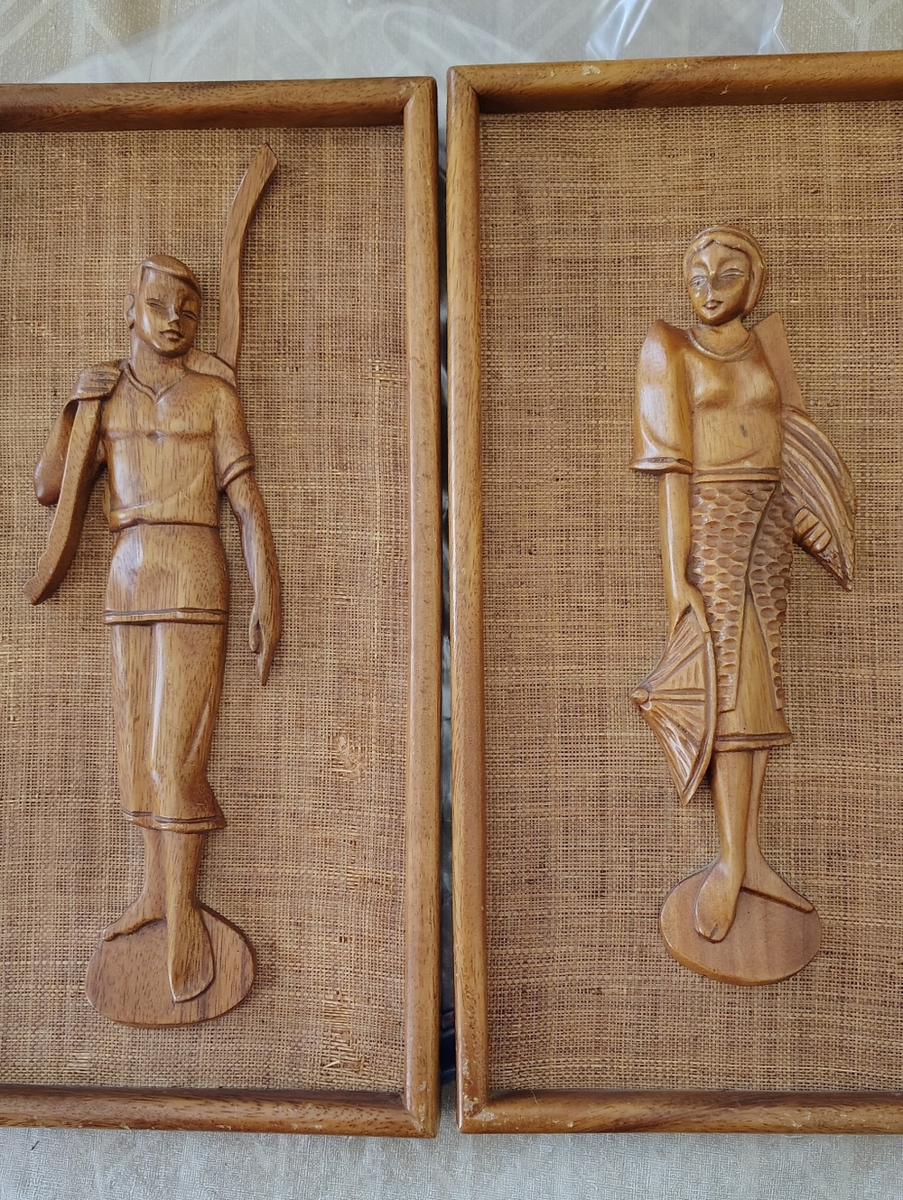 Vintage 60's, Carved Teak & Burlap Wall Hangings, Art
